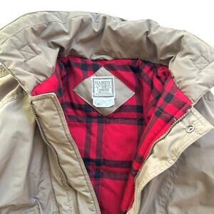Hardy Amies Vintage London tan bomber jacket L red plaid lining zip/snap pockets